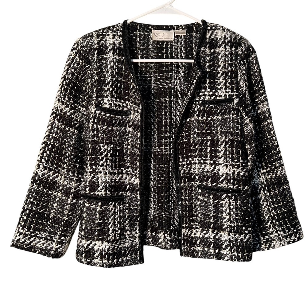 RD Style Women's Size Small‎ Open Front Tweed Blazer Jacket Black White Metallic